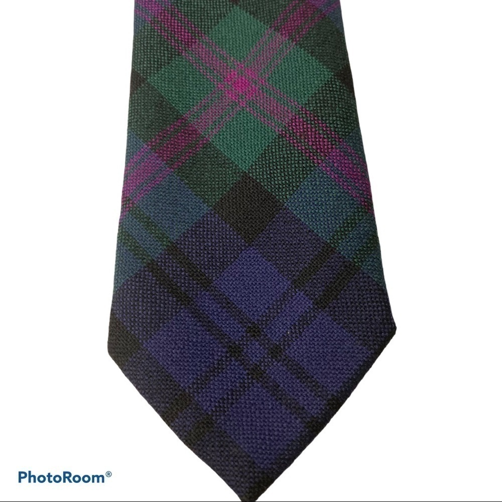 100% Wool Green Blue Purple Tartan tie